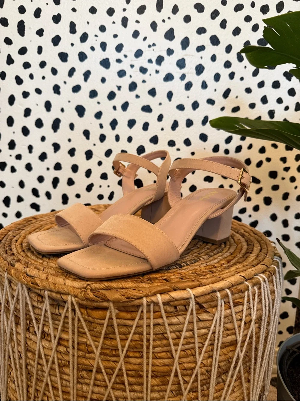 Arula Neutral Block Heel Sandal with Gold Buckle - Picture 2 of 5